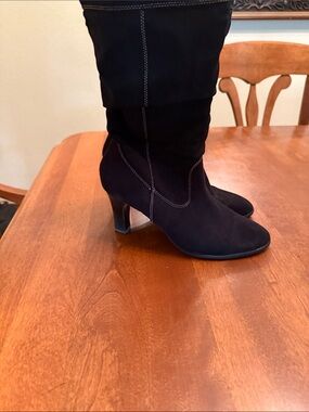 George Black Suede Knee-High Heeled Boots